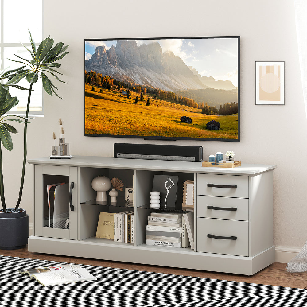 Gray 63-inch media console table with 3 drawers and 2 glass shelves, ideal for living room or bedroom storage.