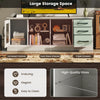 Media console table in gray with 3 drawers and 2 removable glass shelves, perfect for living room storage and TV.