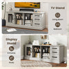 Media console table in gray with 3 drawers and 2 removable glass shelves, ideal for living room or study storage.