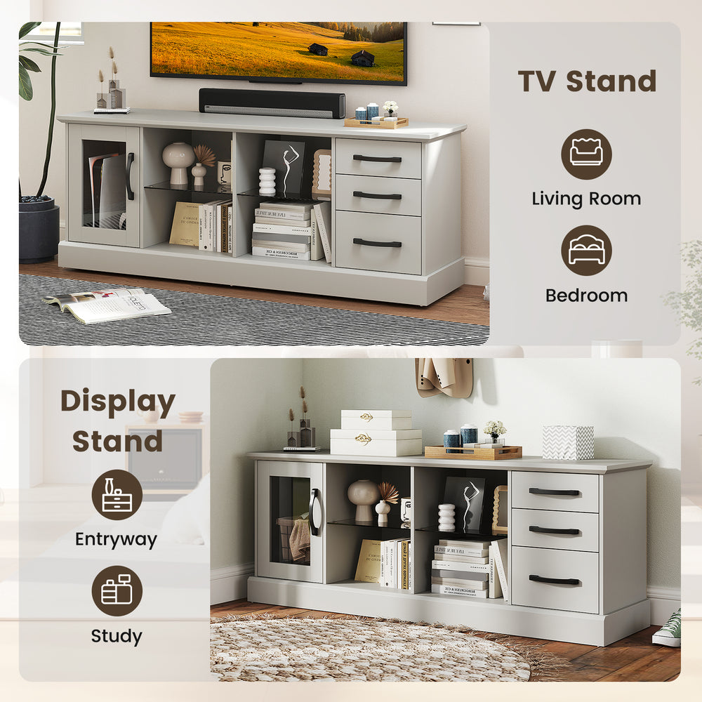 Media console table in gray with 3 drawers and 2 removable glass shelves, ideal for living room or study storage.