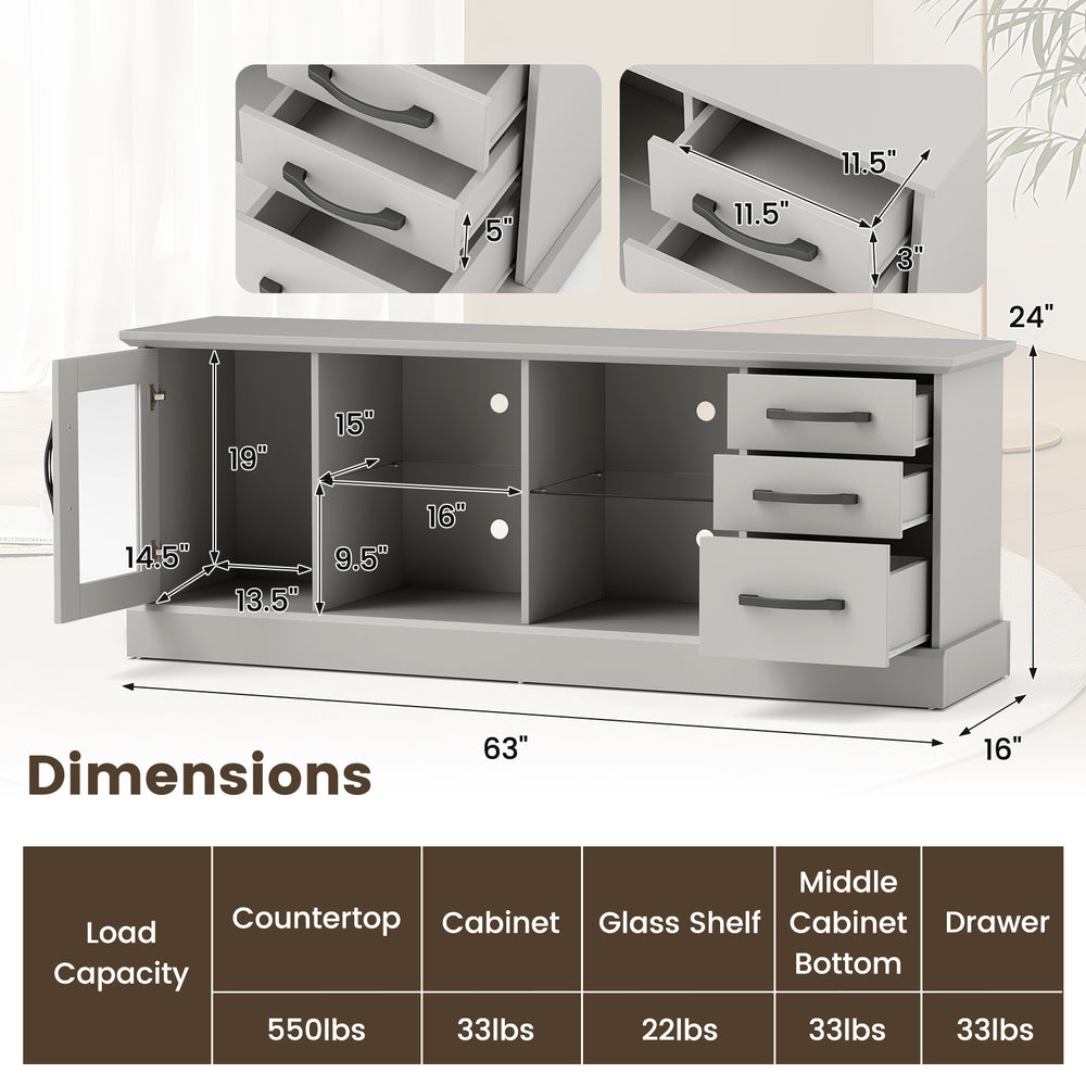 63-inch gray media console table featuring 3 drawers and 2 removable glass shelves for versatile storage and.