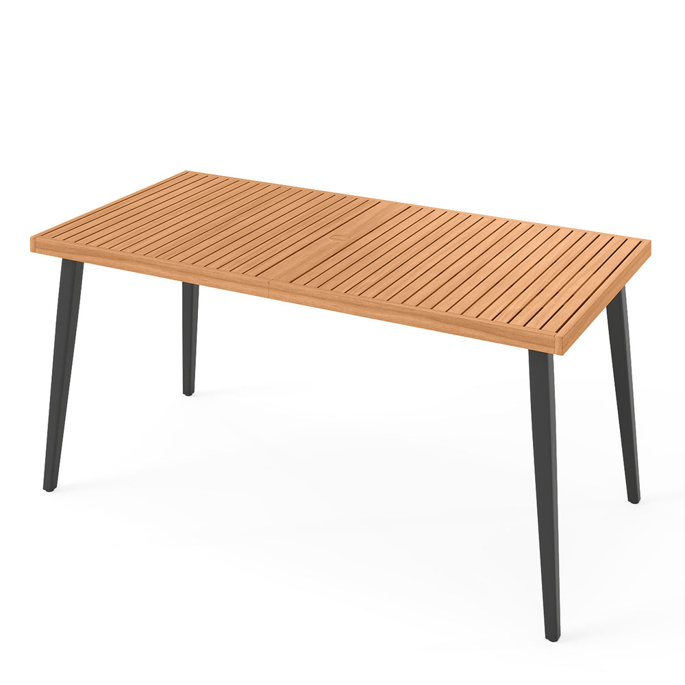 63-inch acacia wood dining table with tapered metal legs and umbrella hole, ideal for indoor or outdoor dining.