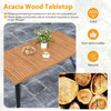 Acacia wood tabletop of 63-inch dining table with tapered metal legs, suitable for indoor and outdoor use.
