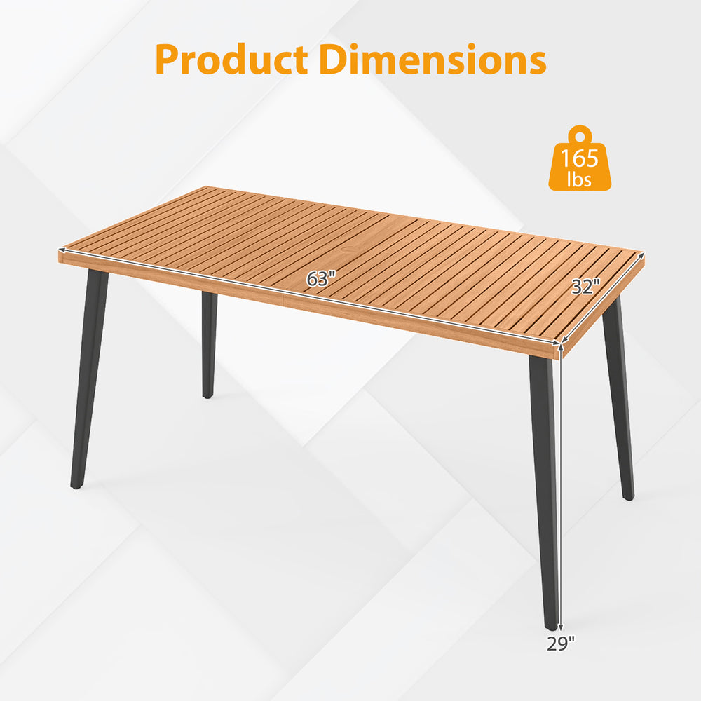 63-inch outdoor dining table with acacia wood top, metal legs, and umbrella hole, suitable for indoor and outdoor use.