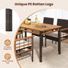 63" outdoor dining table featuring a solid acacia wood slatted top and unique PE rattan legs for timeless elegance.