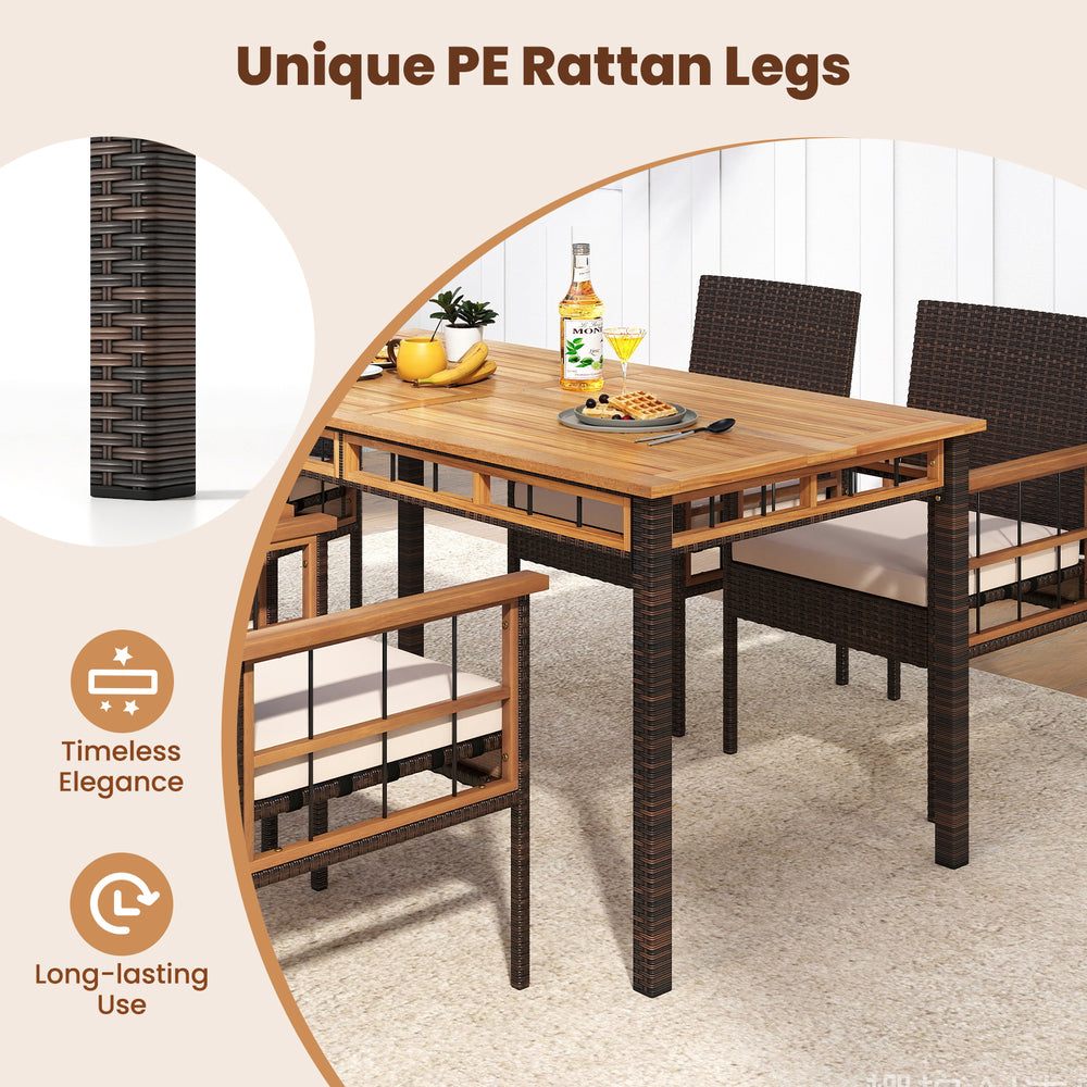 63" outdoor dining table featuring a solid acacia wood slatted top and unique PE rattan legs for timeless elegance.