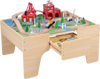 63 Piece Kids Train Table with Storage Drawer and Reversible Tabletop-Natural, shown with a toy train layout and accessories.