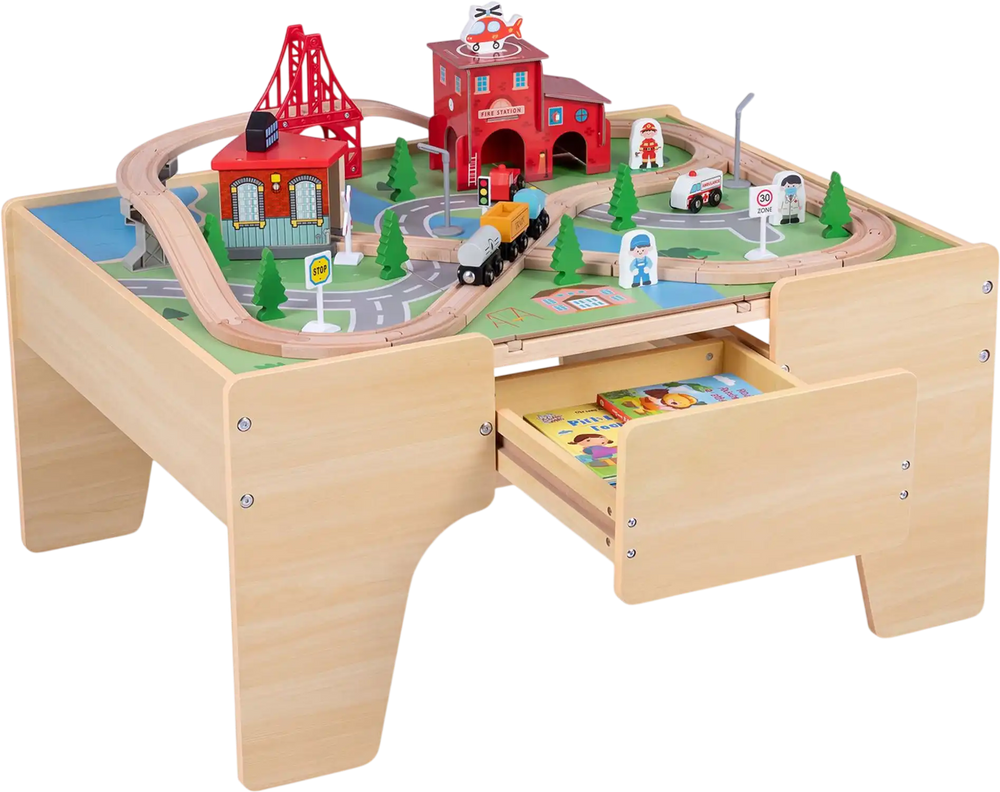 63 Piece Kids Train Table with Storage Drawer and Reversible Tabletop-Natural, shown with a toy train layout and accessories.
