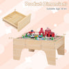 63 piece kids train table shown with toy town on the reversible tabletop, natural wood with storage drawer.