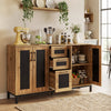 63-inch sideboard buffet cabinet with 3 drawers and double-door storage, featuring a natural wood grain and black.