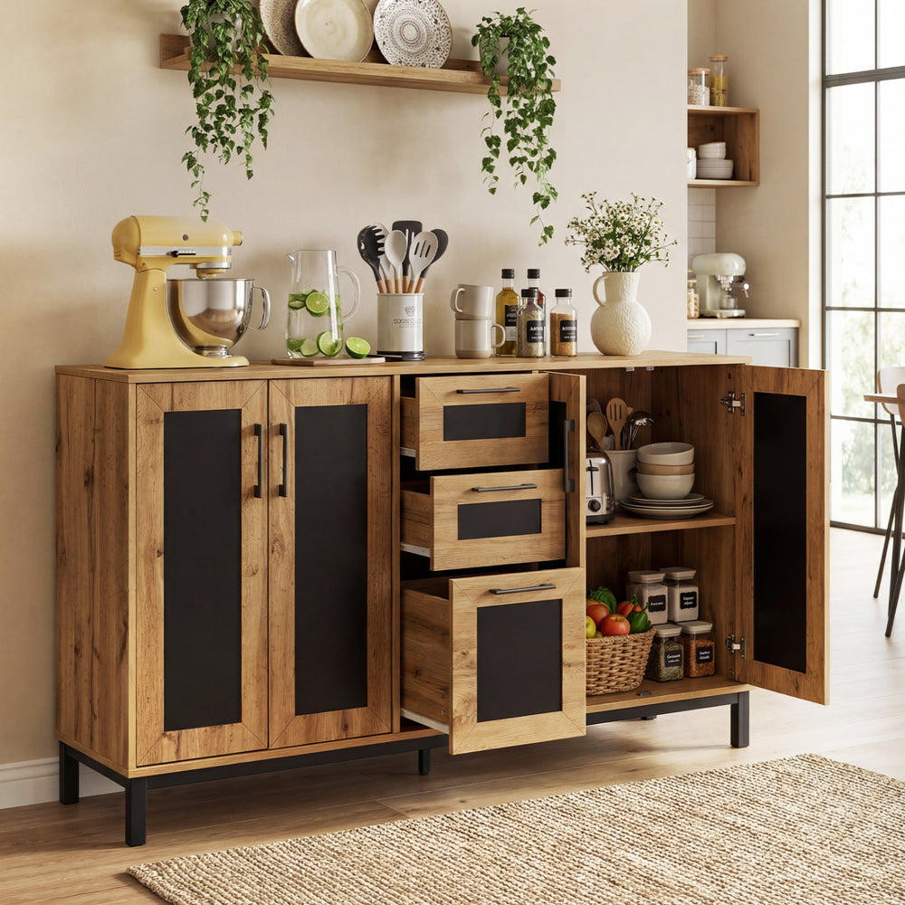 63-inch sideboard buffet cabinet with 3 drawers and double-door storage, featuring a natural wood grain and black.