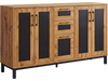 63" sideboard buffet cabinet with a spacious top and smooth surface, featuring contemporary wood grain and black.