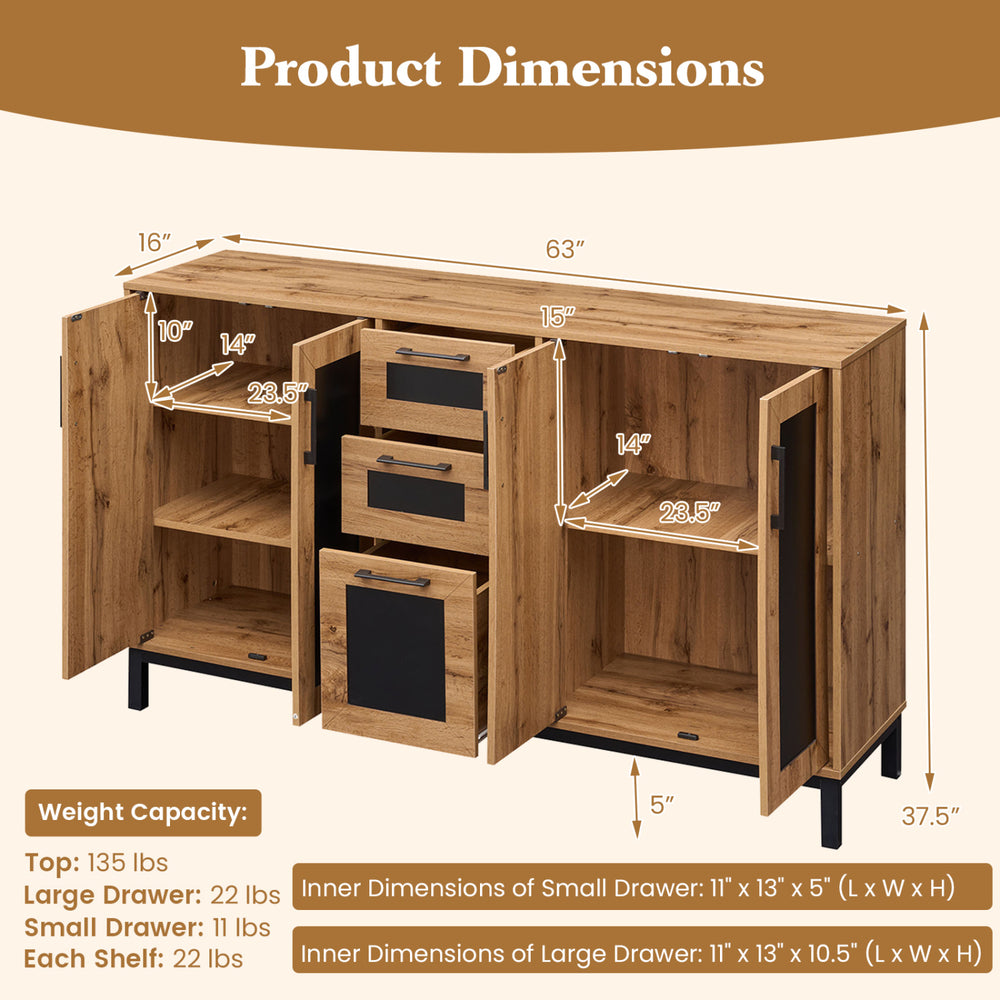 63-inch sideboard buffet cabinet with 3 drawers and storage shelves, featuring a natural wood grain finish for.