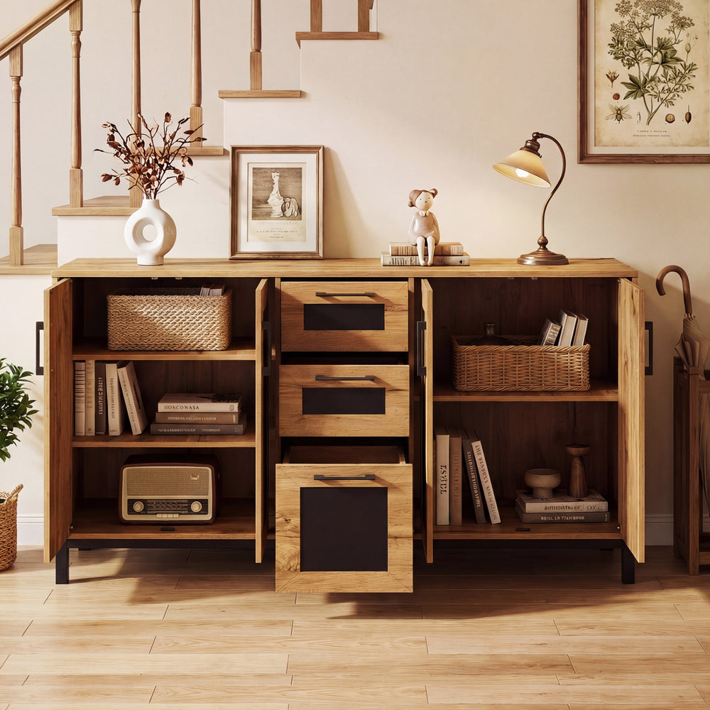 63" sideboard buffet cabinet in natural wood with 3 drawers and storage shelves, perfect for kitchens and living rooms.
