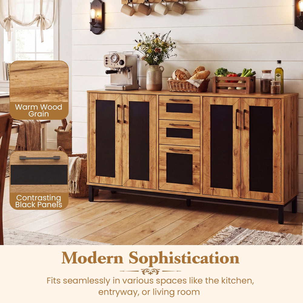 63-inch sideboard buffet cabinet featuring natural wood grain and black panels, ideal for kitchen or living room.