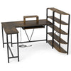 Rustic brown U-shaped computer desk features a removable monitor stand and adjustable foot pads for enhanced stability.