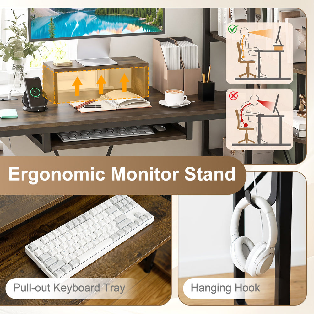 Ergonomic monitor stand with a pull-out keyboard tray and hanging hook, designed for the 63" U-shaped computer desk.