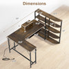 U-shaped 63" computer desk in rustic brown with power outlets, keyboard tray, and 5-tier bookshelf for versatile storage.