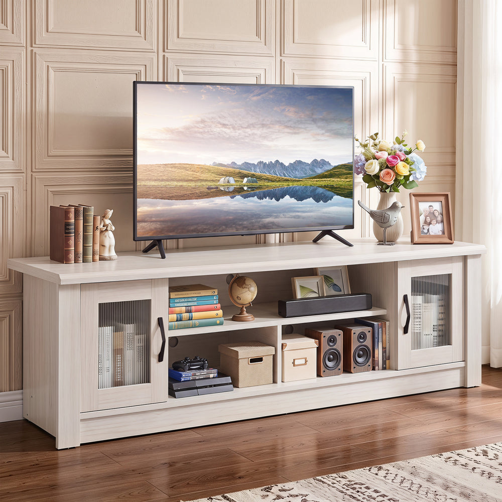 63” Wooden Farmhouse TV Stand for 70" TVs with 2 Fluted Doors and 3 Open Compartments-White - Gallery View 1 of 10