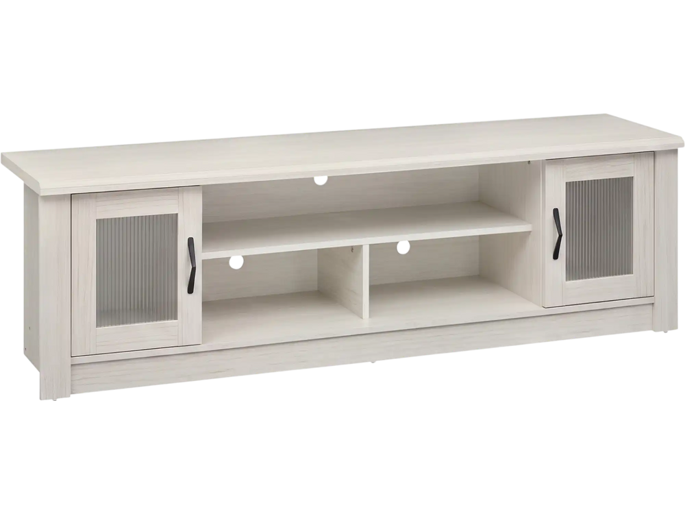 63” wooden farmhouse TV stand in white with 2 fluted doors and 3 open compartments for TVs up to 70".