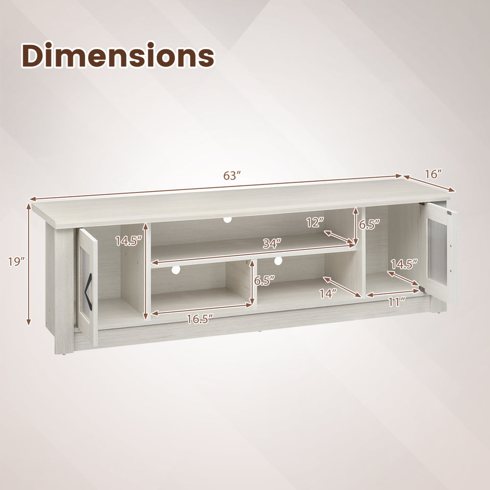 Dimensions of the 63” wooden farmhouse TV stand with fluted doors and open compartments for TVs up to 70".