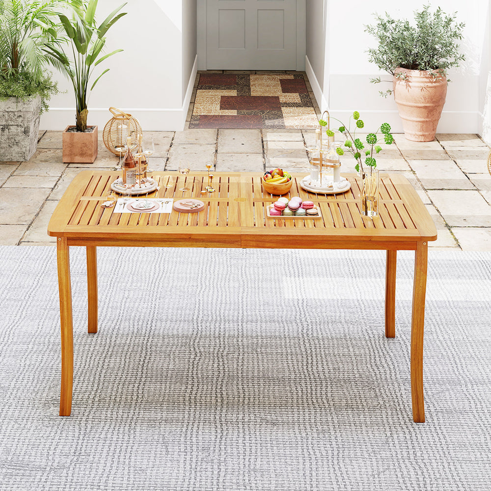 Acacia wood outdoor dining table with slatted design, 63 inches, seating for 4, featuring an umbrella hole for sunny.