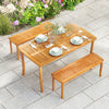 Outdoor dining table made of acacia wood with slatted design, seating up to 4, featuring an umbrella hole for sunny.