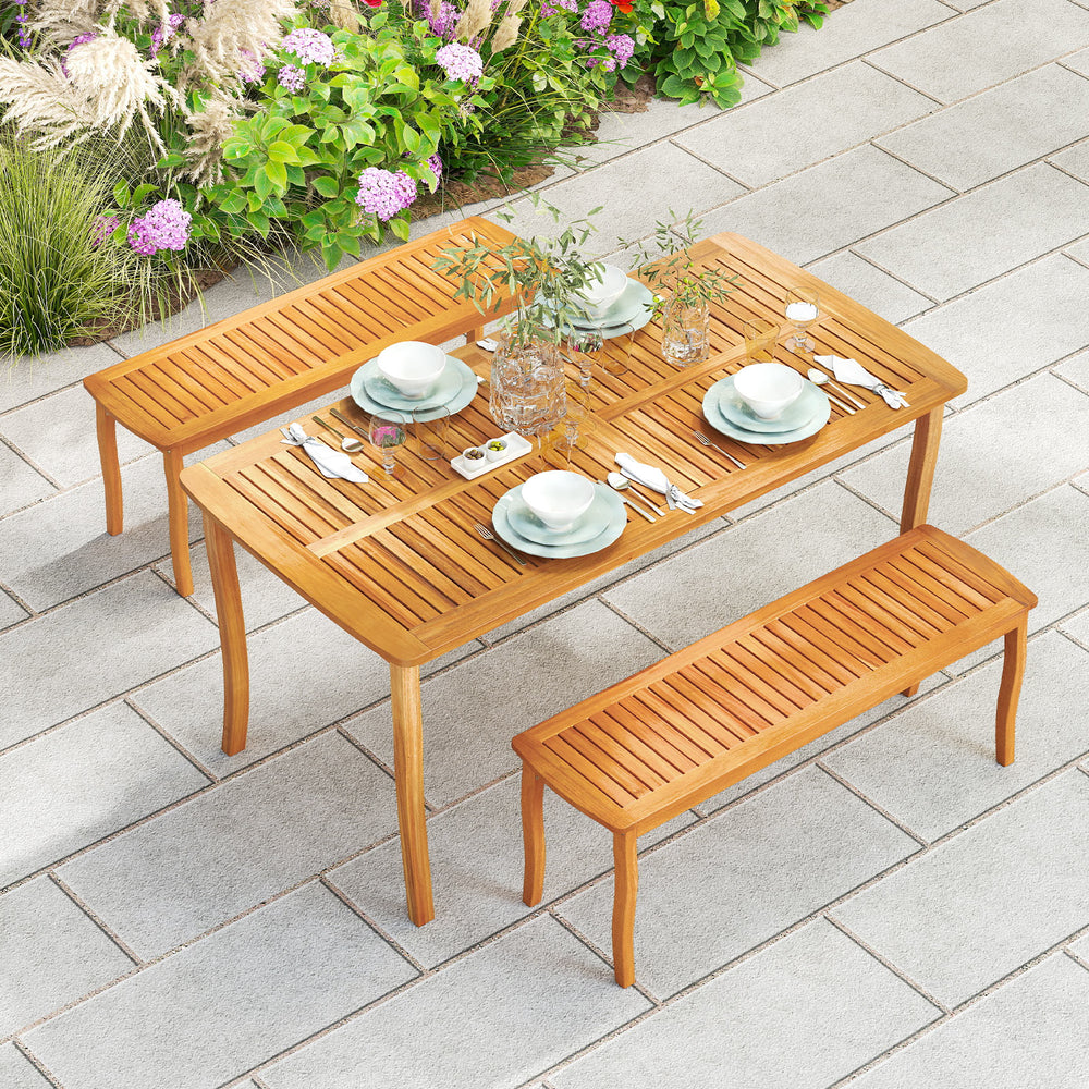 Outdoor dining table made of acacia wood with slatted design, seating up to 4, featuring an umbrella hole for sunny.