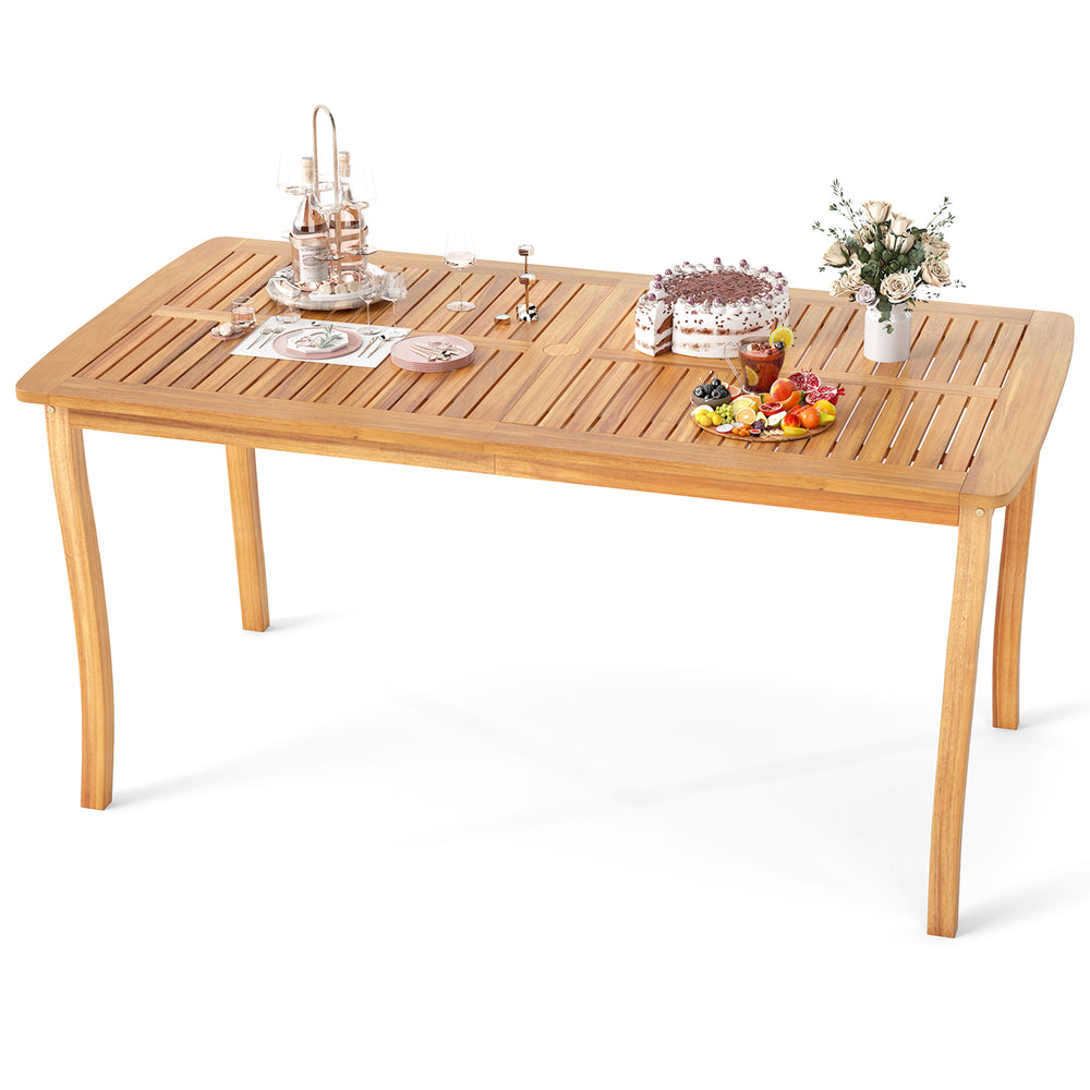 63-inch acacia wood outdoor dining table with umbrella hole, slatted design, and elegant curved legs for patio dining.