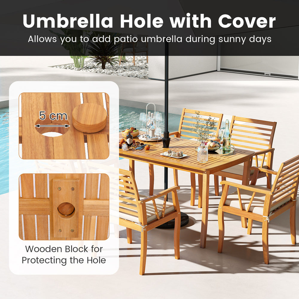 Outdoor dining table with acacia wood, 1.97" umbrella hole, and slatted design for easy maintenance, seats 4.