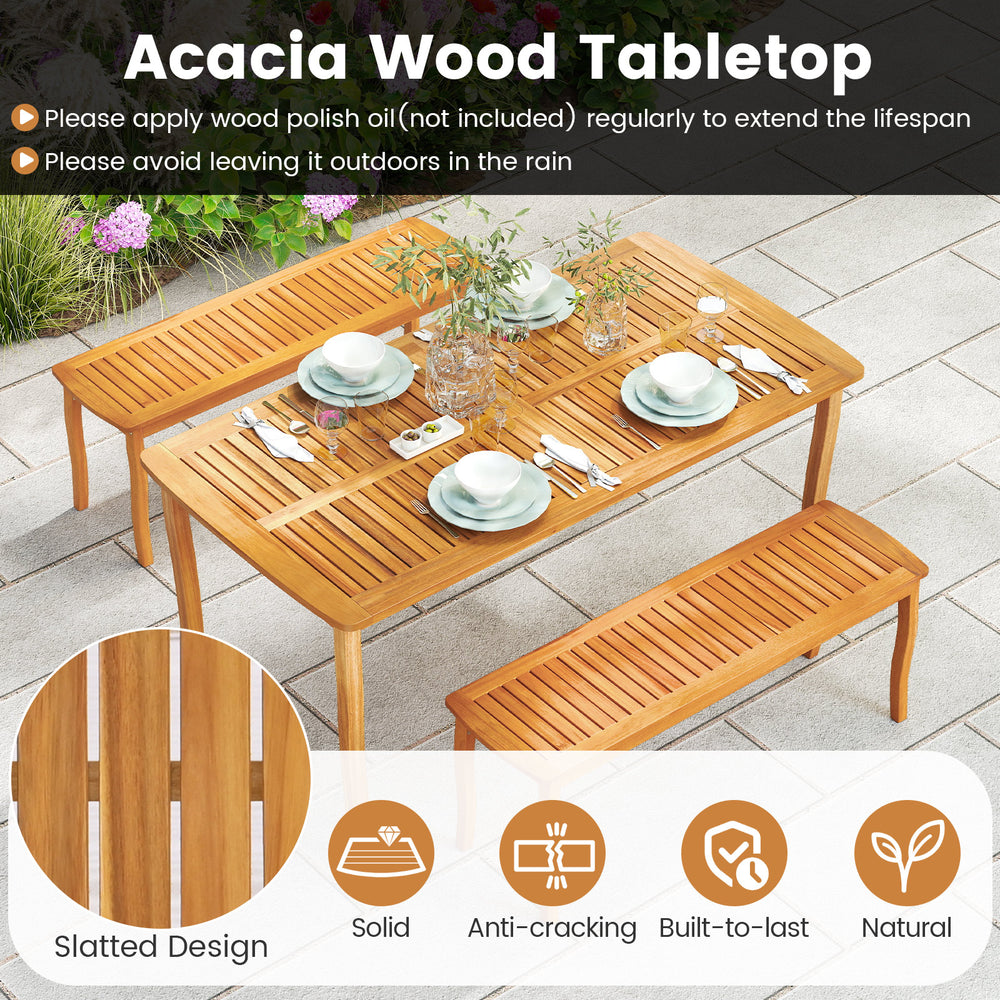 Outdoor dining table with solid acacia wood, slatted design, and umbrella hole, perfect for 4 people.
