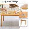 63-inch outdoor dining table with acacia wood, smooth curved corners, and unique curved legs for elegant patio dining.