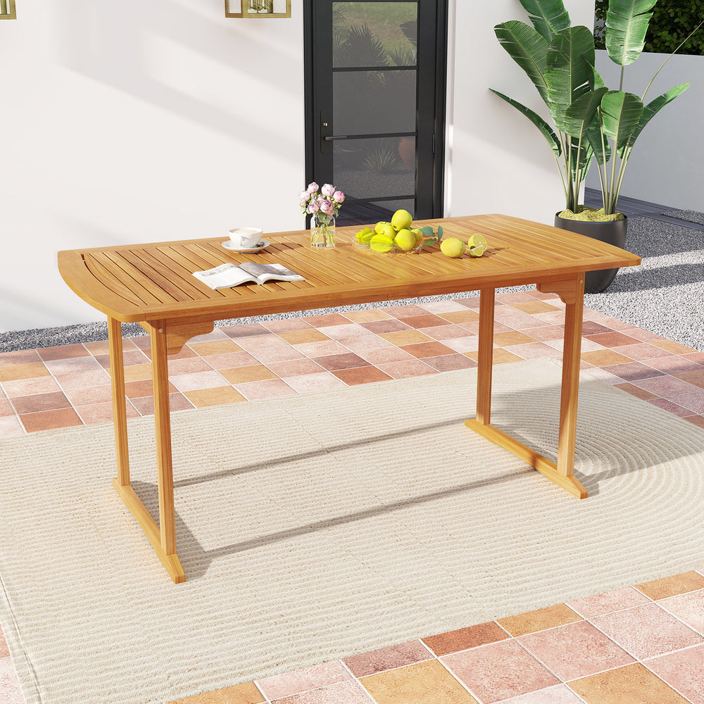 63-inch acacia wood outdoor dining table with slatted tabletop and umbrella hole, perfect for patio gatherings.