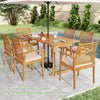 Outdoor dining table with slatted acacia wood top, 63 inches, featuring an umbrella hole for outdoor use.