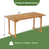 Dimensions of the 63 inch outdoor dining table with acacia wood slatted tabletop and umbrella hole for stable use.