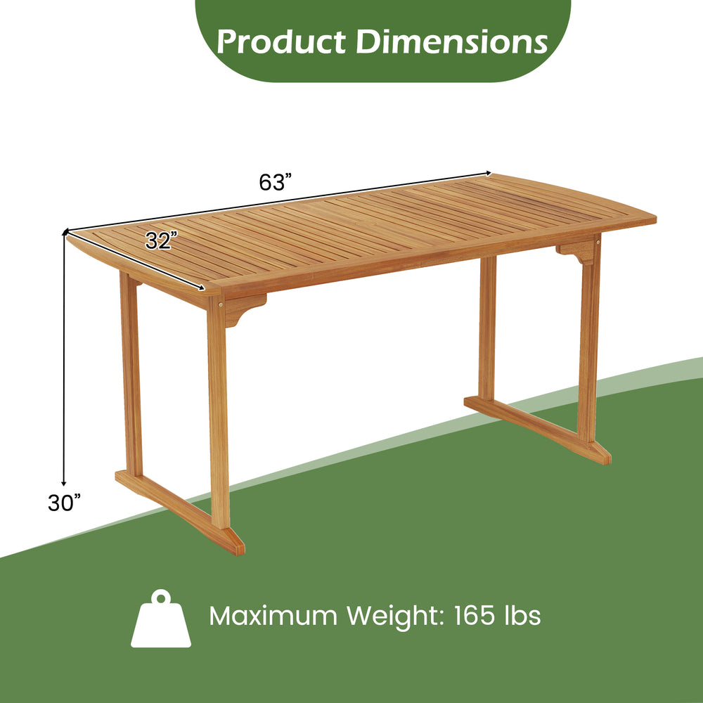 Dimensions of the 63 inch outdoor dining table with acacia wood slatted tabletop and umbrella hole for stable use.