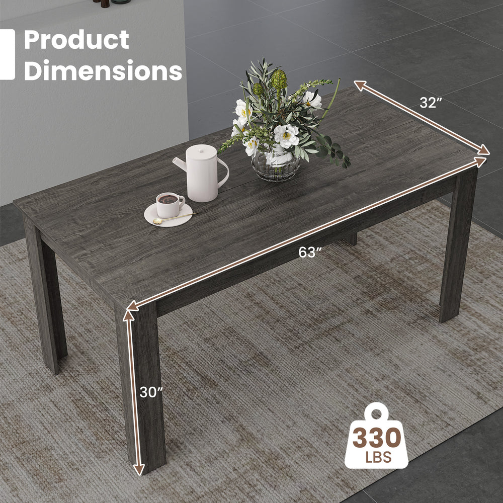 Rectangular gray dining table measuring 63"x32"x30", made of particleboard, ideal for kitchens and dining rooms.
