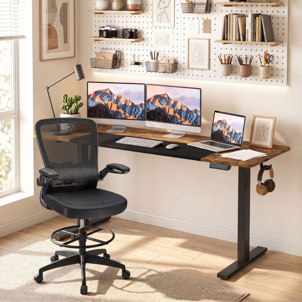Height adjustable 63 x 24 inch computer desk in rustic brown with dual hooks and three memory presets for ergonomic use.
