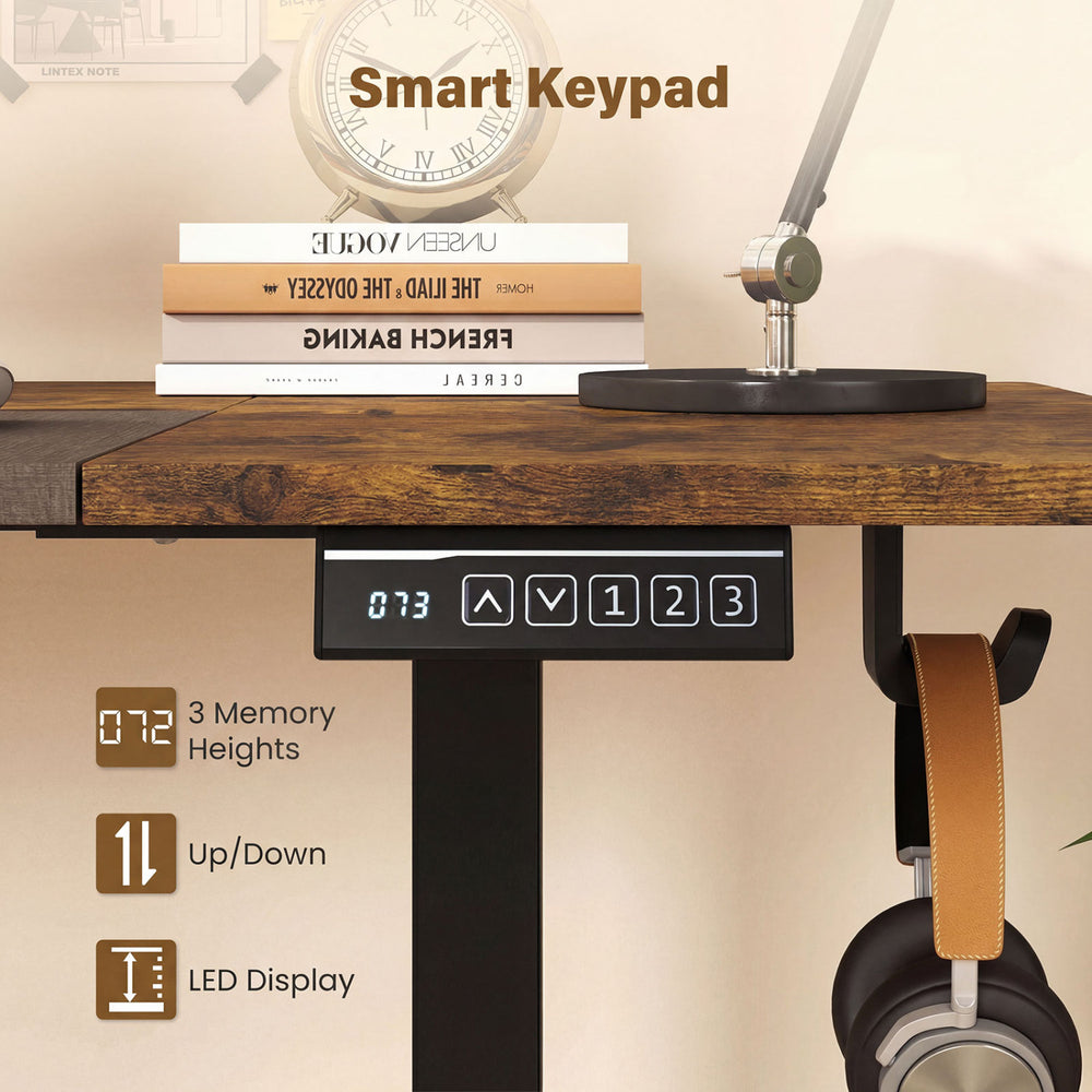 Smart keypad of a height adjustable sit-stand desk with 3 memory presets and LED display for easy height adjustments.
