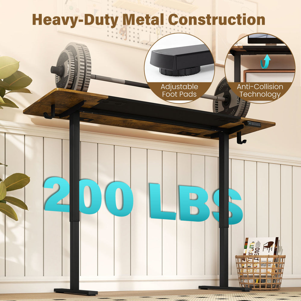 Height adjustable 63 x 24 inch computer desk in rustic brown with heavy-duty metal construction for up to 200 lbs.