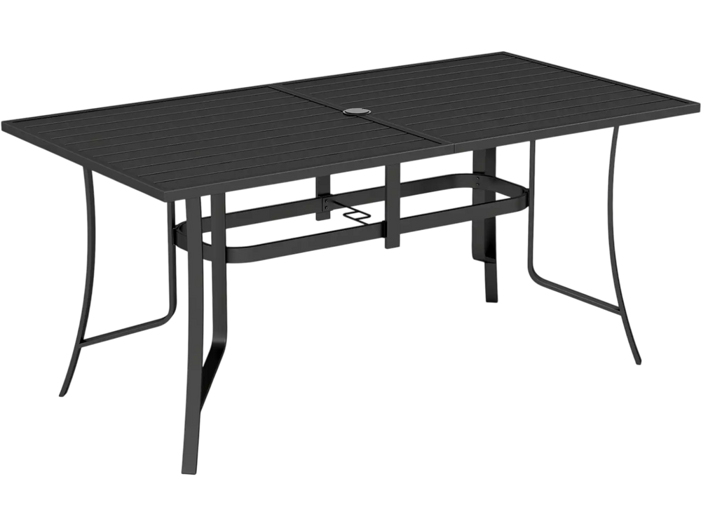 Rectangle metal patio dining table in black, 63" x 33", seats 6, with umbrella hole, ideal for outdoor dining.