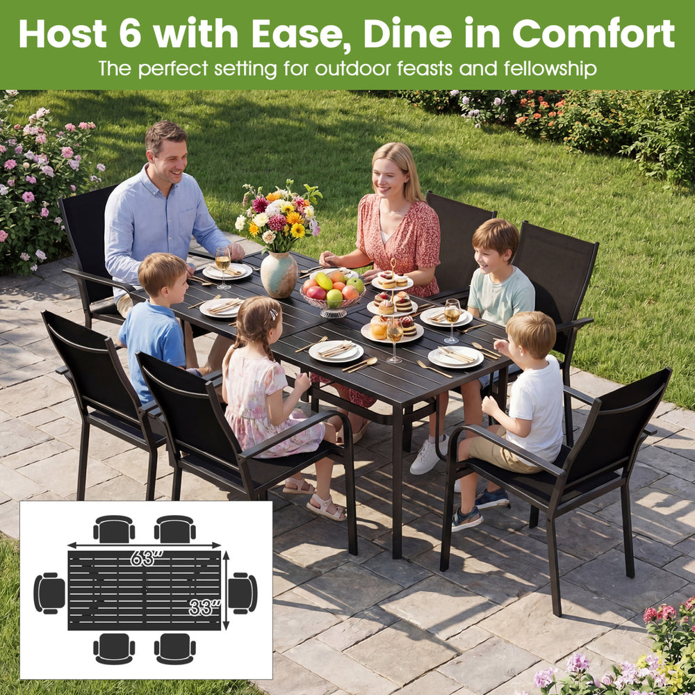Rectangle metal patio dining table for 6, 63" x 33", black finish, ideal for outdoor dining and gatherings.