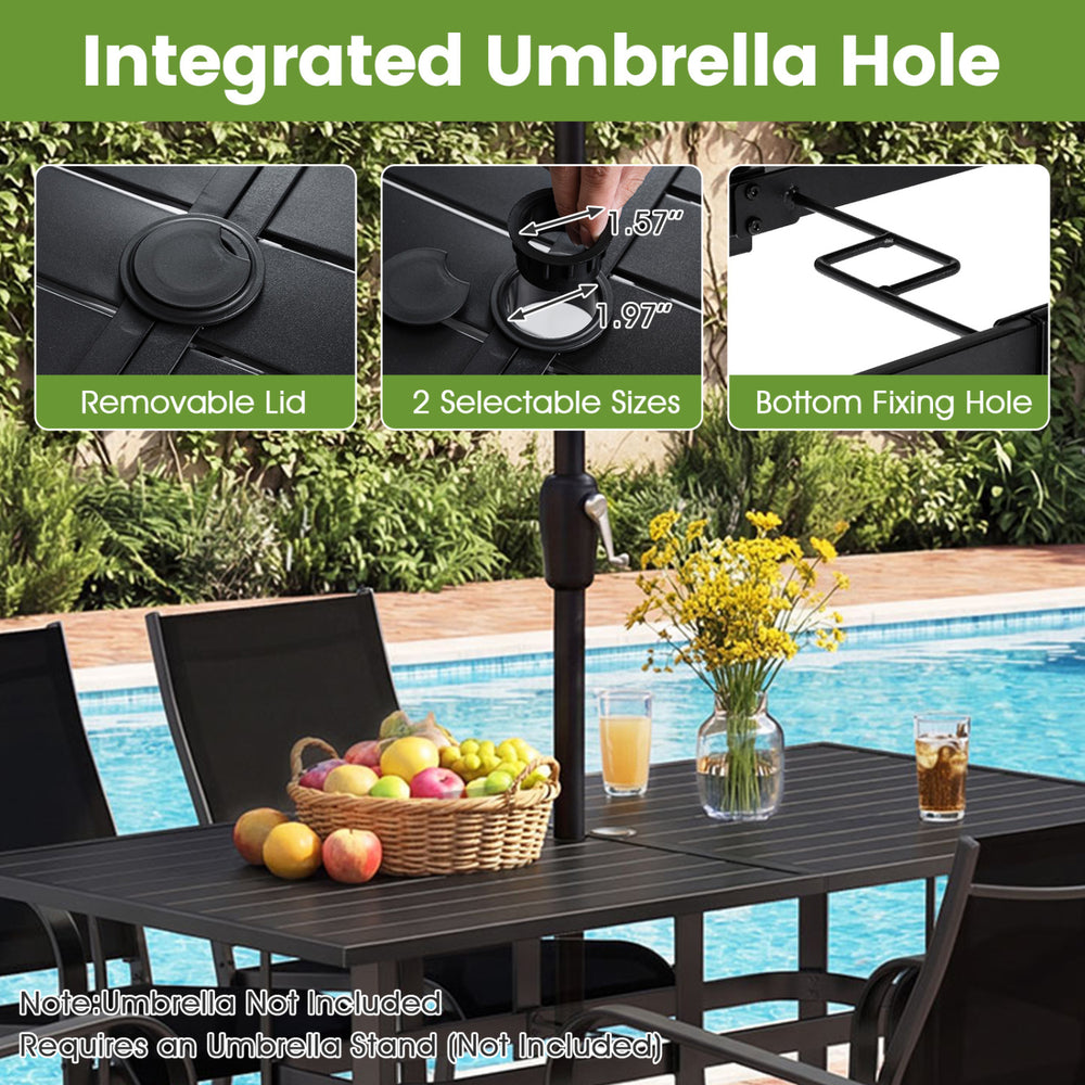 Rectangle metal patio dining table with integrated umbrella hole, seats 6, black finish, ideal for outdoor dining.