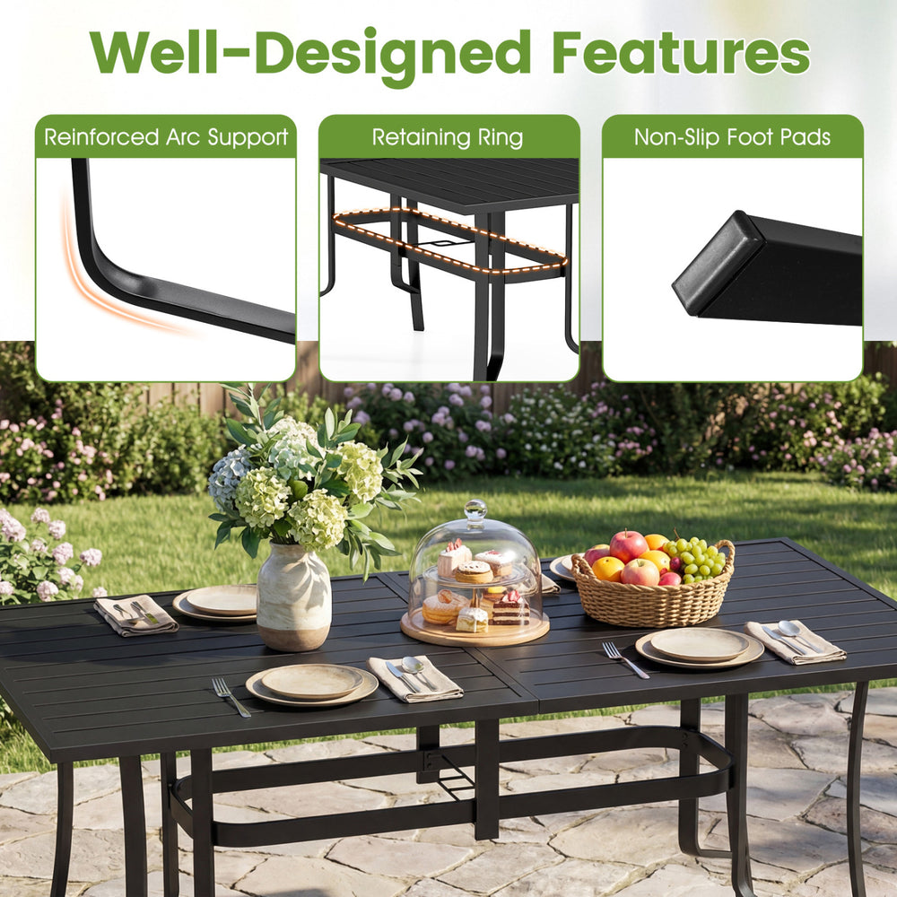 Rectangle metal patio dining table with a 63" x 33" surface, designed for 6, featuring reinforced supports and non-slip.