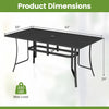 Rectangle metal patio dining table measuring 63" x 33", seats 6, with umbrella hole, supports 330 lbs, ideal for.