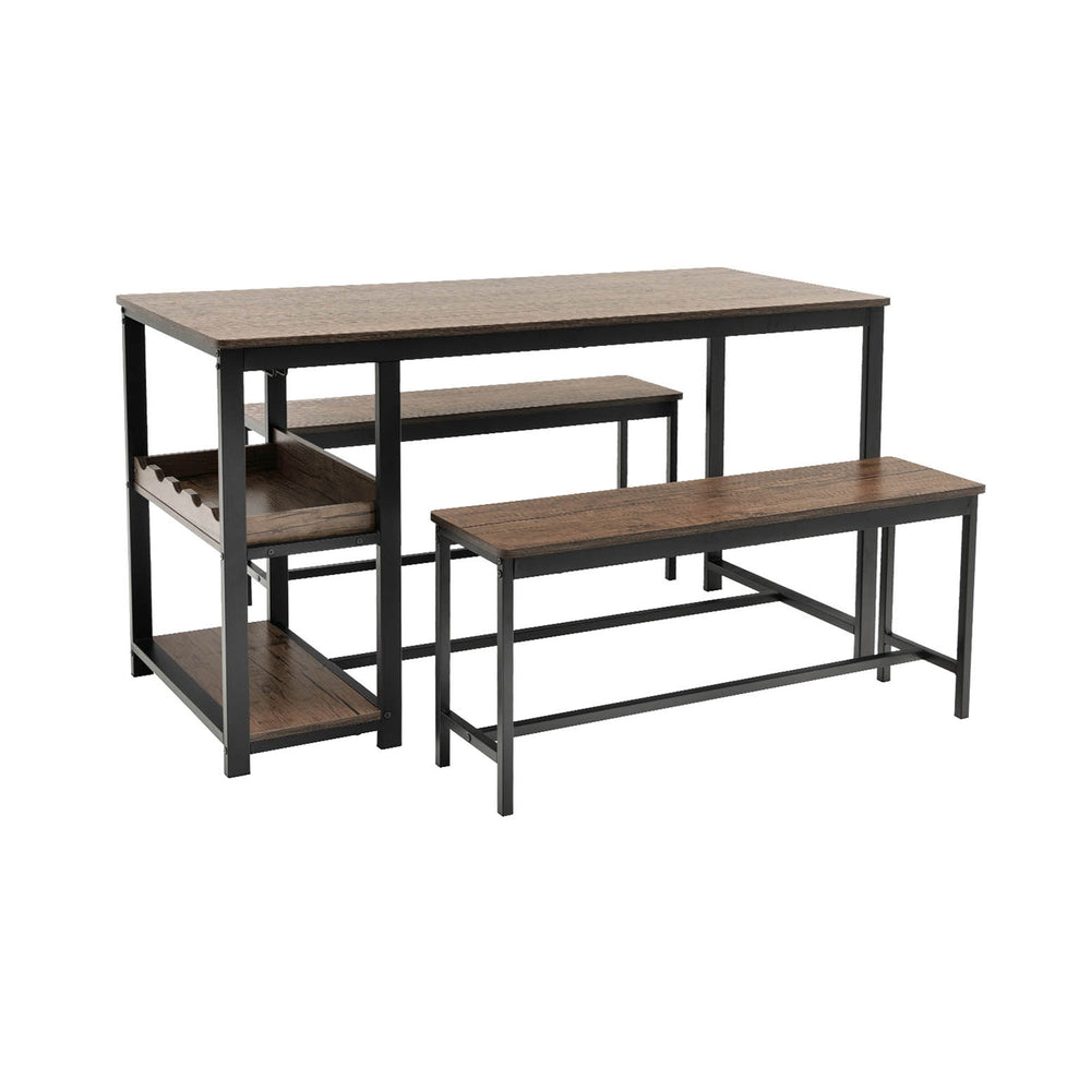 3-piece dining table set with brown finish, includes a rectangular table and 2 benches, features wine rack and storage.