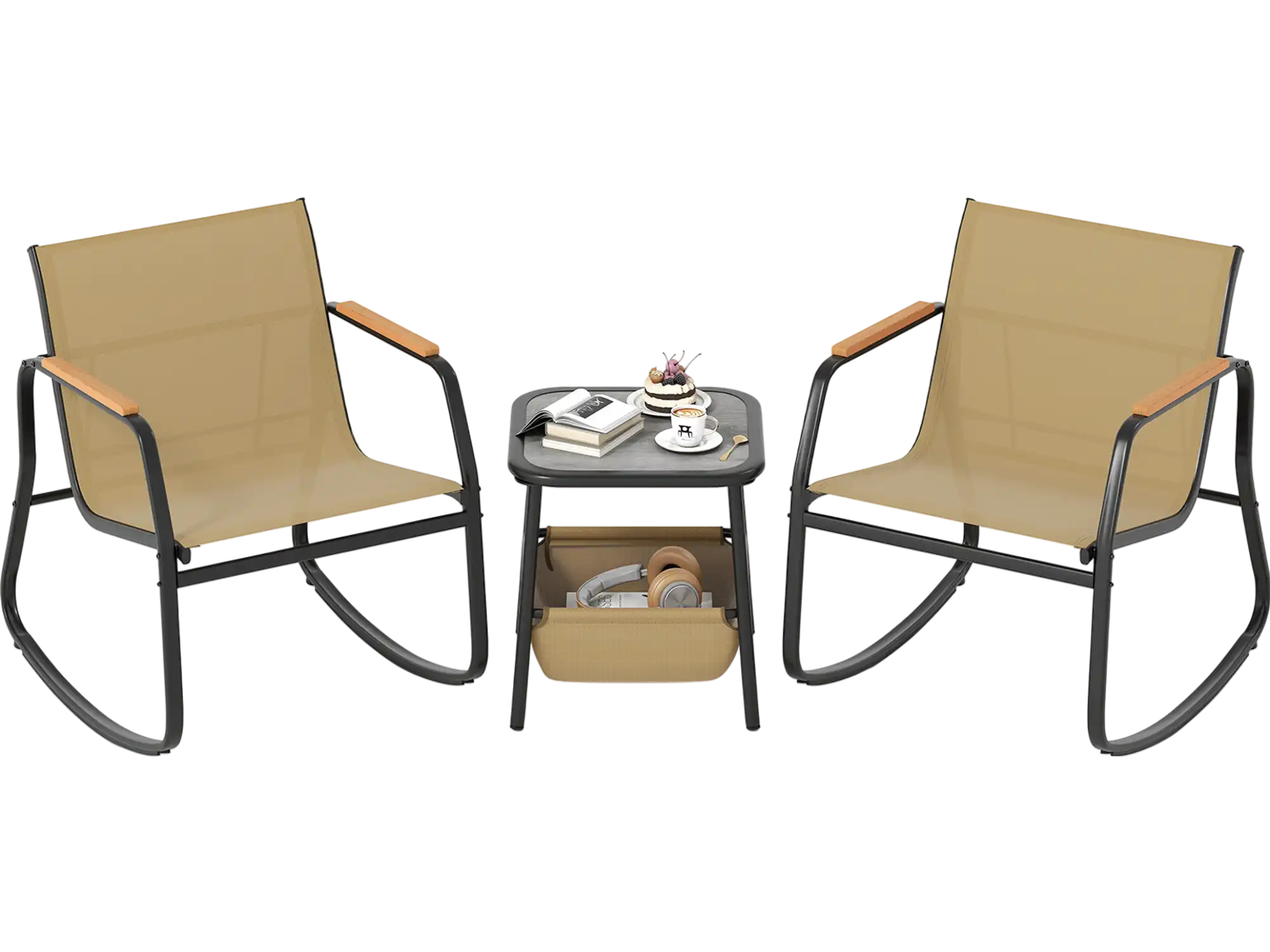 Costway 3-Piece Rocking Bistro Chairs Side Table Set w/ Storage Bag 932746581 New