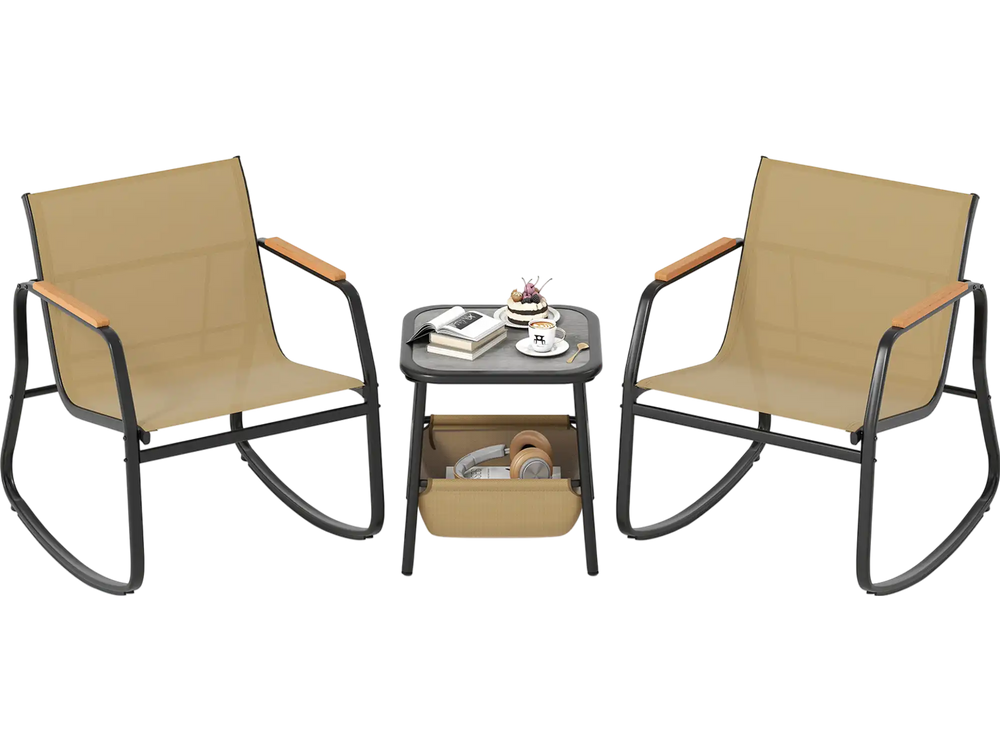 Rocking bistro chairs and side table set in brown with storage bag, perfect for outdoor relaxation in the backyard.