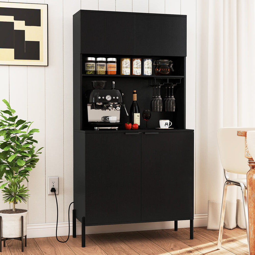 64.5 Inches Tall Kitchen Pantry Cabinet with Charging Station and Wine Glass Rack-Black - Gallery View 1 of 11