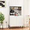 Tall white kitchen pantry cabinet with wine glass rack, open shelf, and charging station for convenient storage and.